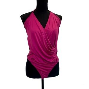 SEDUCTIONS fuchsia pink V-neck faux wrap bodysuit Sz L